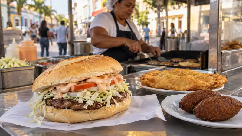 Un burger chimi dominicain avec du chou et de la sauce rose, accompagné de portions séparées de yaniqueque et de quipes.