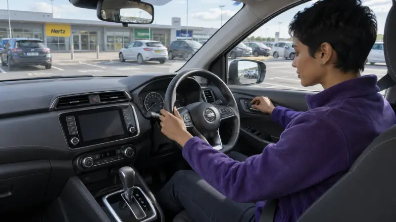Condutor a ajustar o espelho de um carro alugado automático com volante à direita, estacionado.