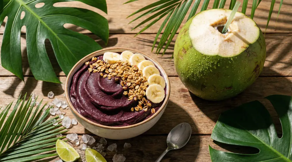 Fresh Açaí bowl and cold coconut water at a Rio juice bar, essential for hydration during Carnival.