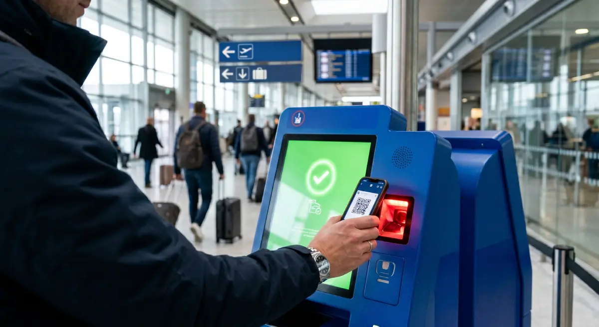 A close-up of a traveler scanning a digital QR code on their smartphone at a blue airport customs kiosk with a green confirmation screen.