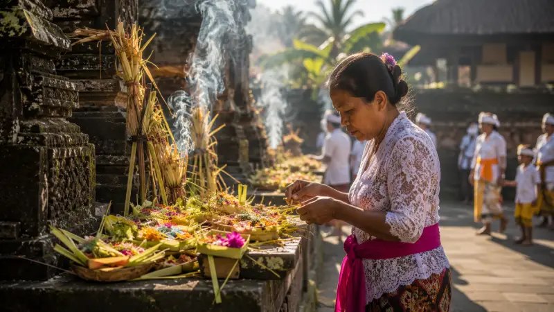 The canang sari offerings, the details of the stone temple, and the preparations for daily worship create a respectful scene showcasing the living culture of Bali.