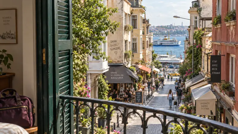 Ілюстративний балкон гостьового будинку з видом на вулицю Kadıköy поблизу стамбульської поромної набережної.