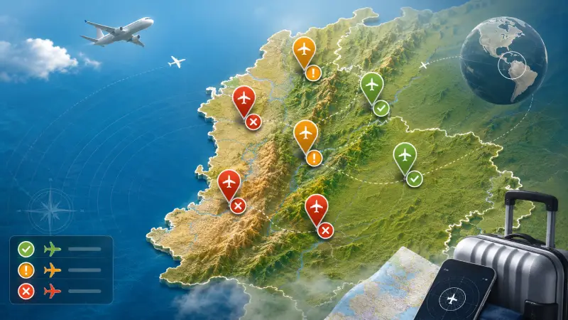 Map-style illustration of airports affected by earthquake-related travel disruption in western Colombia.