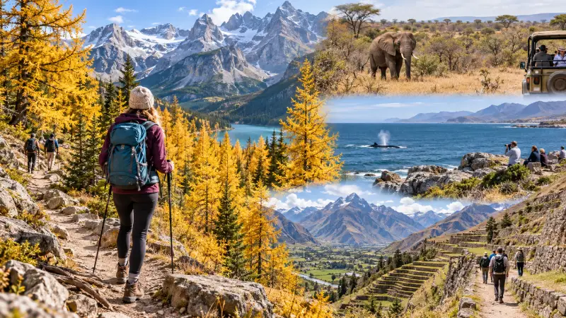 Une randonnée parmi les mélèzes à Banff côtoie un safari à Kruger, l’observation des baleines près d’Hermanus et des randonnées dans la Vallée sacrée du Pérou.