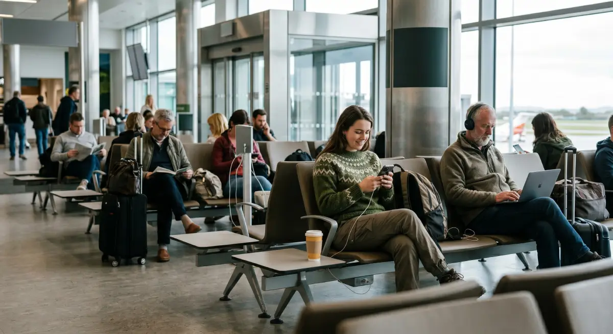 Cestovatelé používající notebooky a chytré telefony na veřejném WiFi na letišti nebo v kavárně v Irsku.