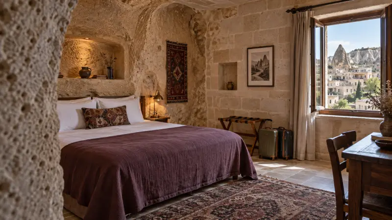 Illustratieve tweepersoonskamer in een grothotel in Cappadocië, met stenen muren, een pruimkleurige bedsprei en twee koffers.