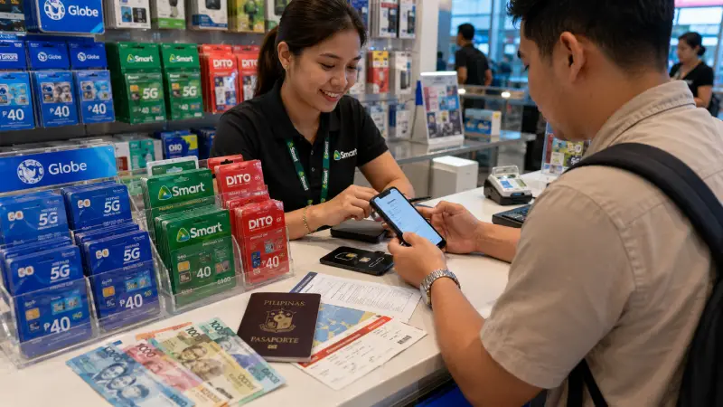 Globe, Smart and DITO prepaid SIM cards being registered for a tourist in the Philippines.