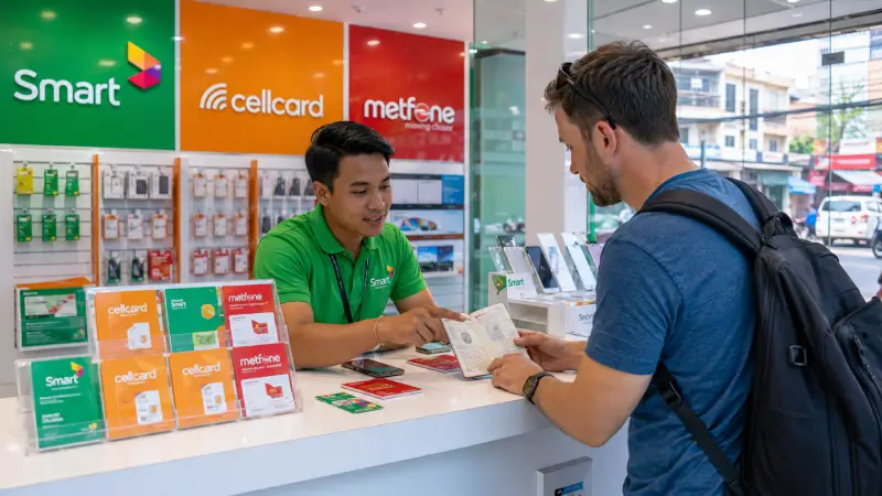Traveler comparing local prepaid and tourist SIM cards inside a Cambodian telecom store.