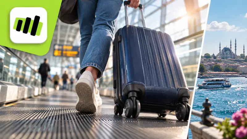 Redactionele compositie van bagage op een looproute op de luchthaven, de waterkant van Istanbul en het oorspronkelijke limoen-groene en zwarte Roafly-pictogram.