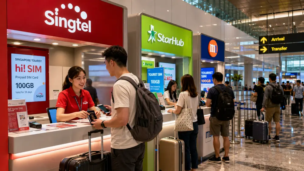 Traveler buying a tourist SIM card at Changi Airport from a local mobile operator counter.