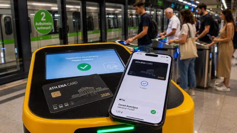 A close-up view demonstrates the seamless validation process in 2026, comparing the physical ATH.ENA rechargeable transit card with a smartphone’s contactless payment option on a standard metro turnstile in Athens.