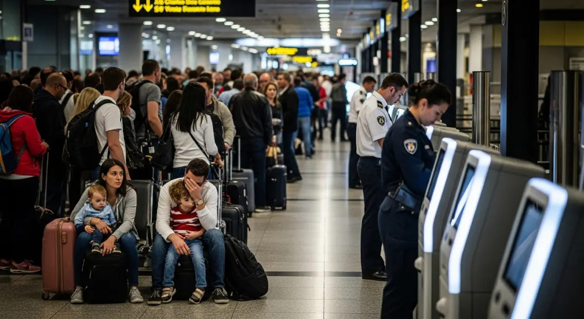 A massive queue of frustrated tourists experiencing severe delays at a European airport due to the new EES border controls.