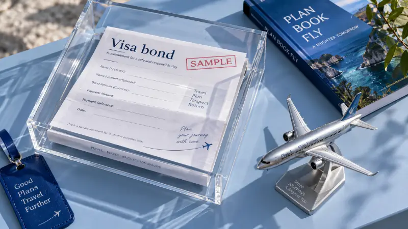 Conceptual arrangement of a sample visa-bond document in a transparent box beside a small aircraft model.