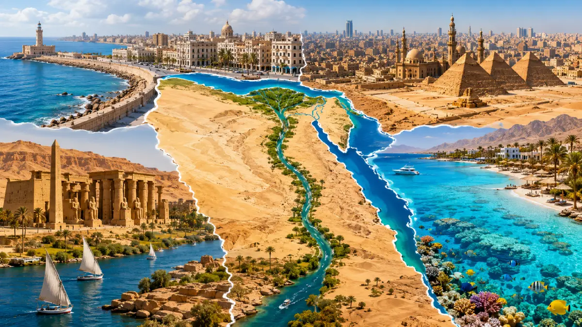 خريطة بصرية لمصر تظهر المناخات الدقيقة المتباينة: مدينة القاهرة، صحراء الأقصر، ساحل البحر الأحمر، وساحل الإسكندرية المتوسطي.