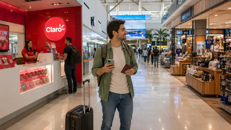 Traveler looking for a mobile operator counter after arriving at SJO or LIR airport in Costa Rica.