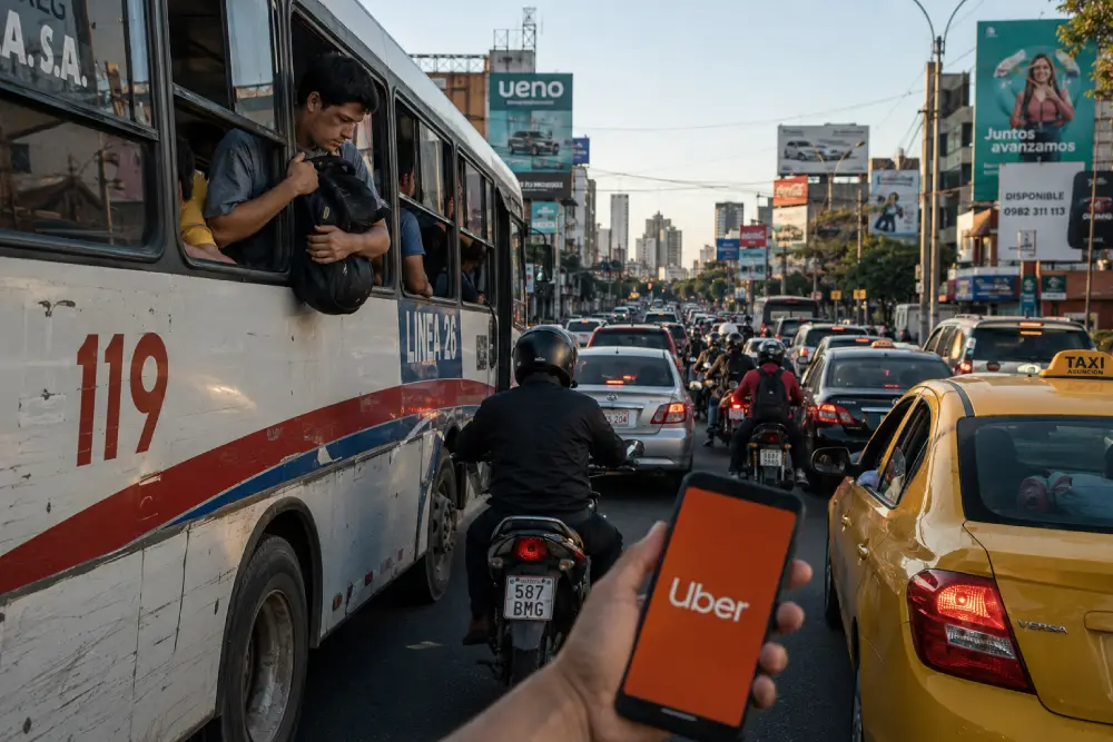 Una escena de calle bulliciosa en Asunción, Paraguay, mostrando autobuses públicos abarrotados, motocicletas y una pantalla de smartphone con un logo de Uber, destacando varias opciones de transporte y riesgos.