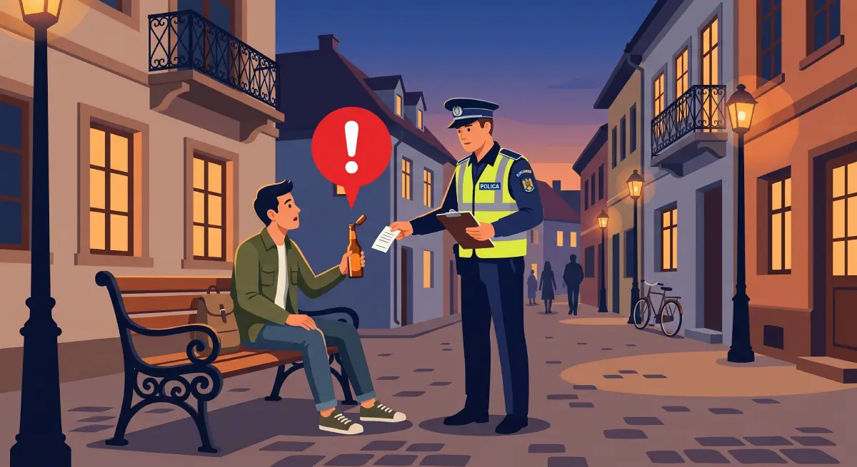 A flat design illustration of a tourist receiving a fine from a police officer for drinking beer on a public bench in Romania.