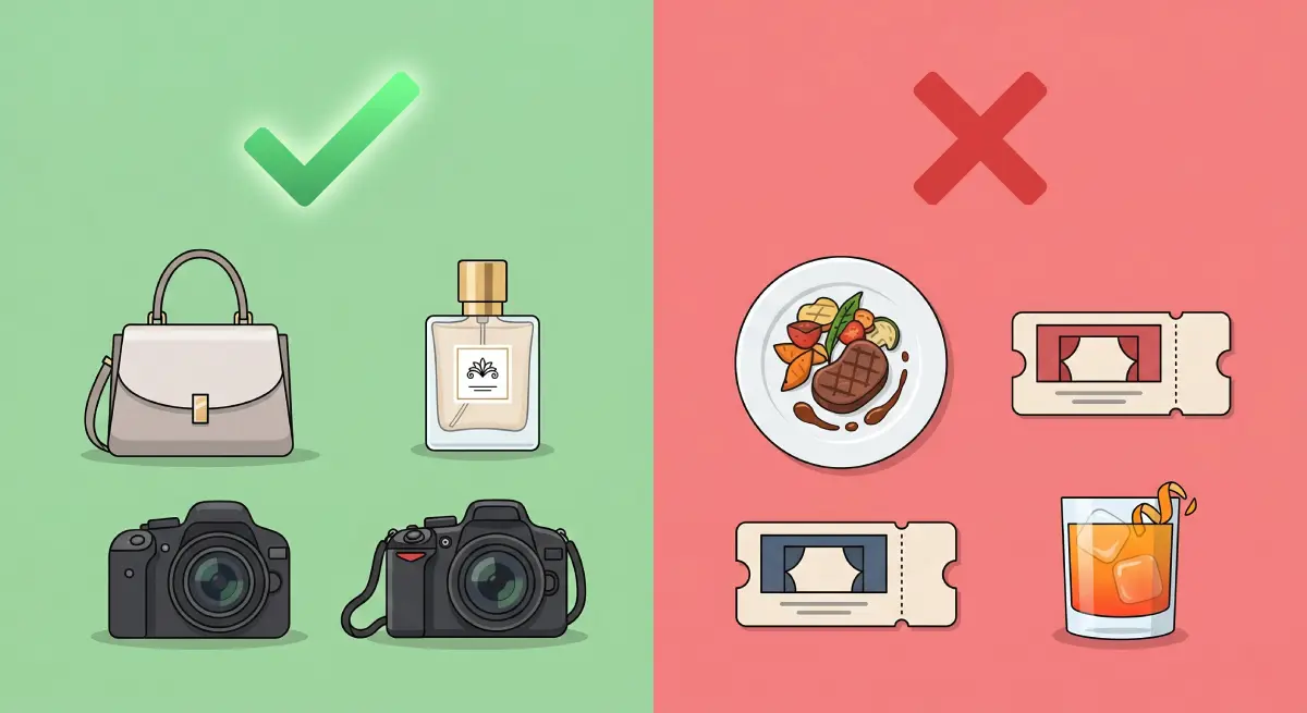 An infographic comparing eligible shopping items like fashion and electronics with non-eligible items like food and event tickets for VAT refunds.