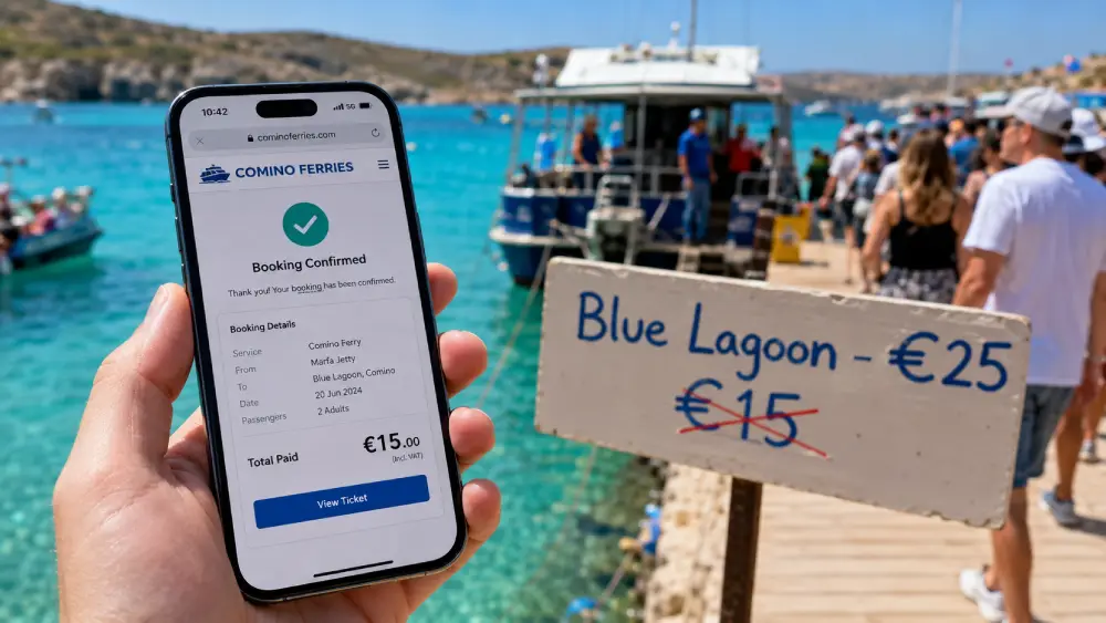 Una reserva digital de ferry en un smartphone en contraste con un cartel físico sobrevalorado en Blue Lagoon, Malta.