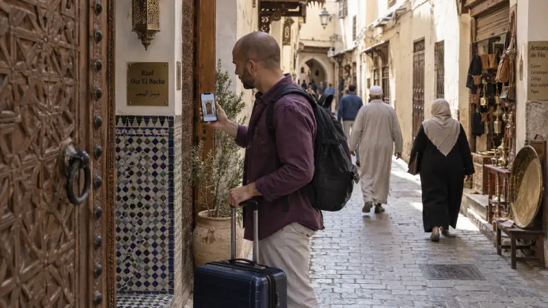 Traveller comparing a riad doorway with a saved phone photograph in an illustrative Fes medina lane.