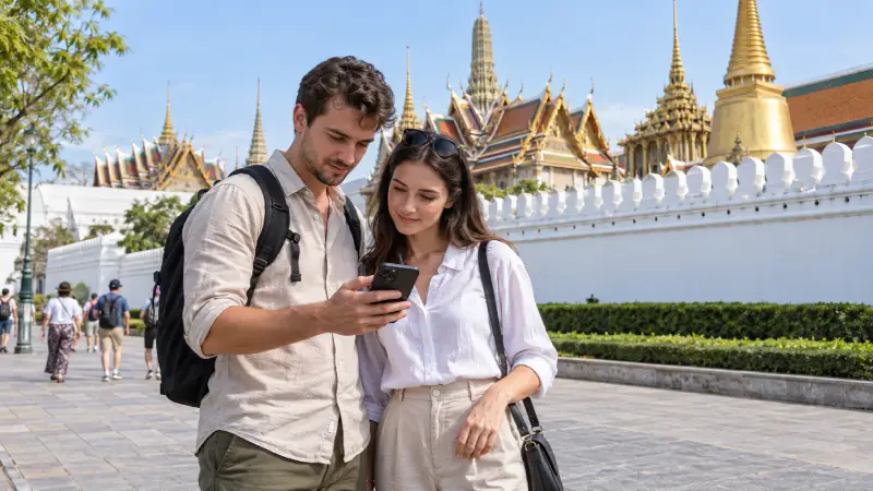 Deux visiteurs consultent un smartphone près du mur blanc du Grand Palais à Bangkok.