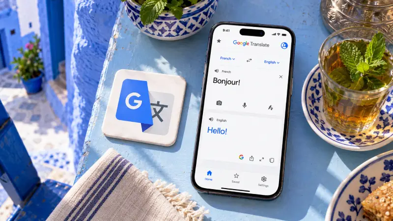 Google Translate’s official French-to-English demonstration screen and app icon beside mint tea in a Moroccan café setting.