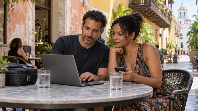 Couple reviewing travel arrangements on a laptop and phone at a shaded courtyard café in Casco Viejo.