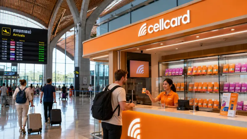 Official Cellcard SIM counter inside the arrivals area of Techo International Airport.