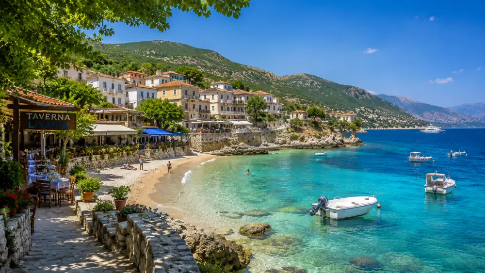 Quiet, sun-drenched authentic coastal town of Himare nestled among rocky coves.