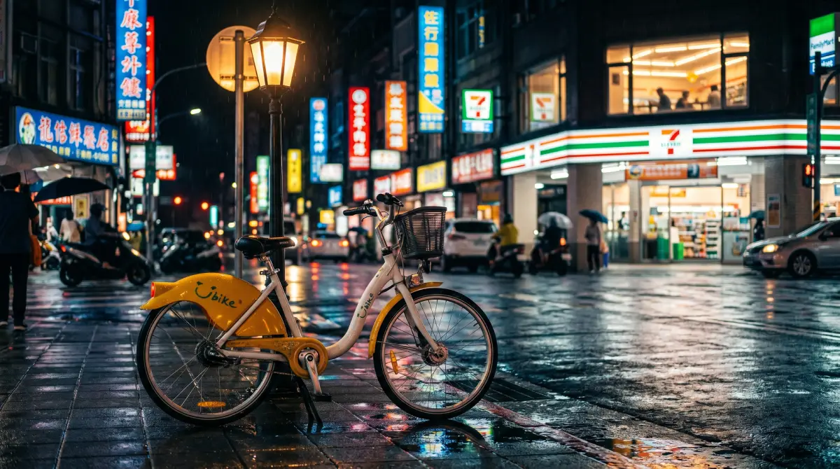 A public bicycle parked at night on a neon-lit street in Taiwan.