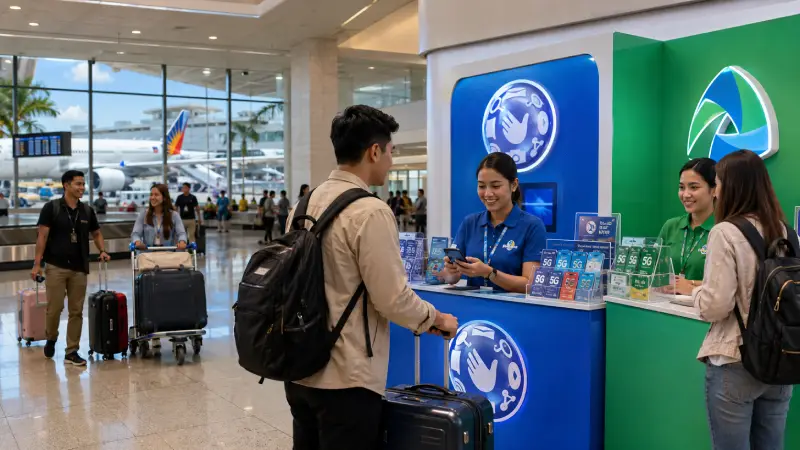 Traveler buying a Globe or Smart SIM card at an international airport arrival hall in the Philippines.