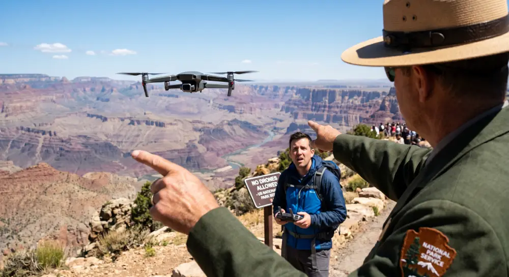 미국 공원 관리자가 거대한 협곡 위에서 불법 드론을 날리는 관광객을 잡고 있습니다.