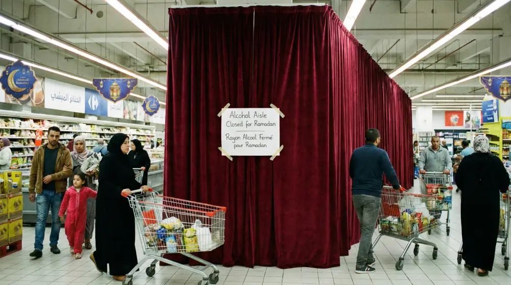 Un corridoio di alcol in un supermercato in Marocco completamente chiuso e coperto da tende durante il mese sacro del Ramadan.