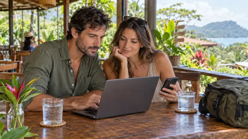 Couple reviewing accommodation arrangements on a laptop and phone at an open-air café in Costa Rica.