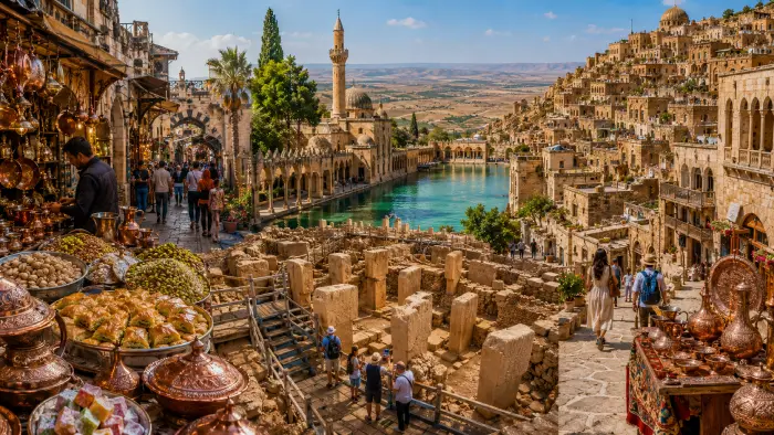 Gaziantep bazaar, Şanlıurfa courtyards, Göbeklitepe pillars, and Mardin’s stone houses above the Mesopotamian plains.