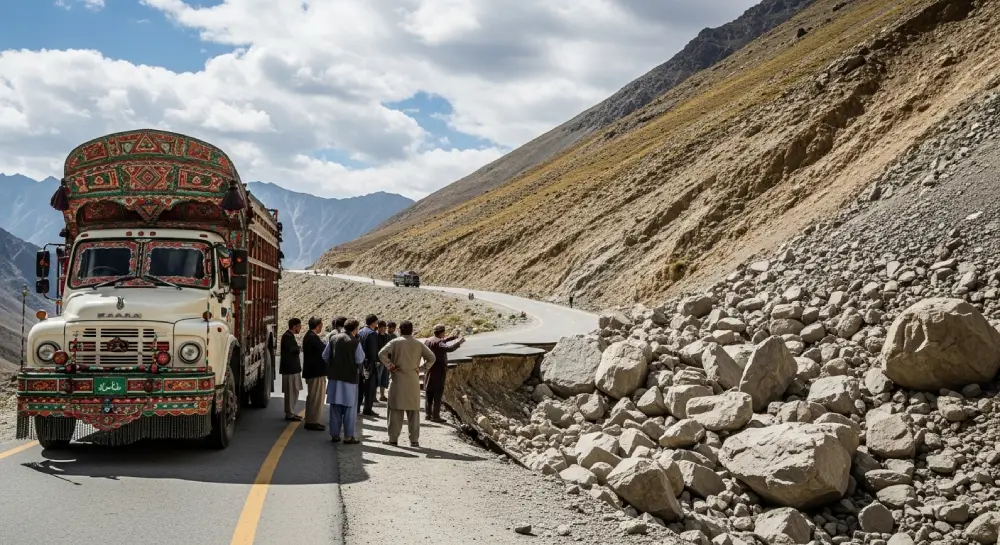 一张戏剧性的照片，展示了喀喇昆仑公路的一段被山体滑坡阻断，突显了交通风险。