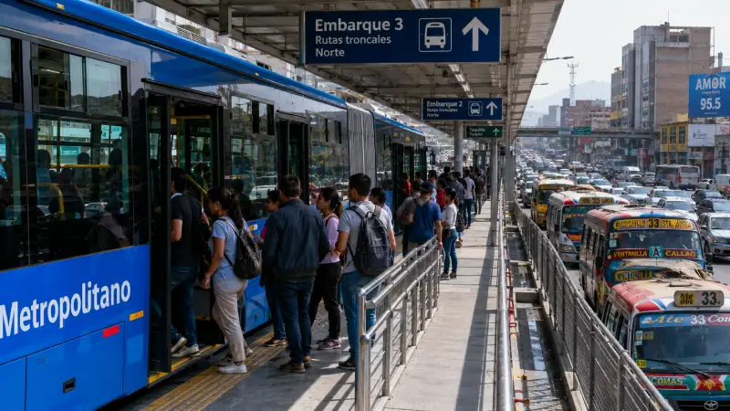 A busy but efficient Lima Metropolitano station platform where passengers board a blue articulated bus on its dedicated lane, distinct from chaotic city traffic.