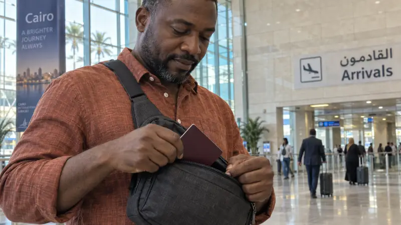 Traveller taking a passport from a crossbody bag while preparing for a SIM purchase in airport arrivals.