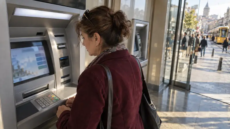 Een reiziger die een geldautomaatscherm leest in de lichte hal van een bank in Istanbul.