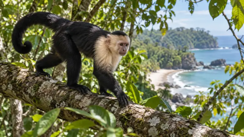 A white-faced capuchin on a branch above a glimpse of beach and ocean in Manuel Antonio National Park.