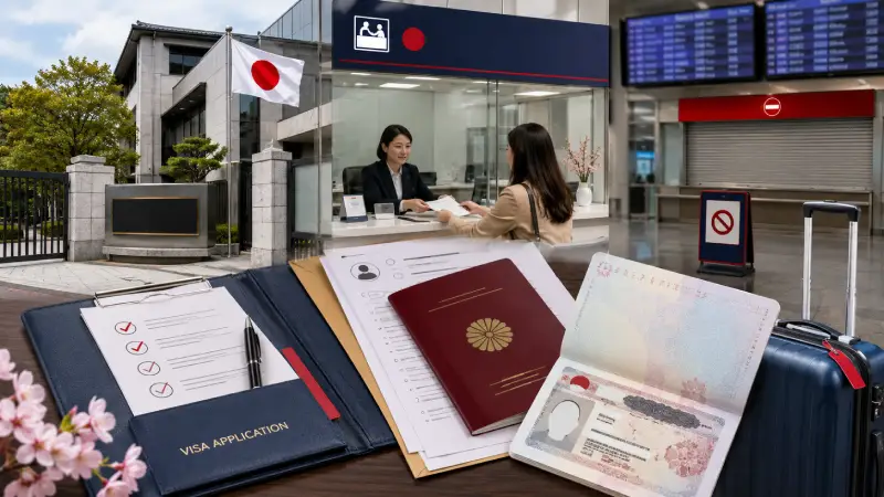 Embaixada japonesa, passaporte e documentos de solicitação de visto ilustrando a necessidade de obter um visto de turista antes da viagem.