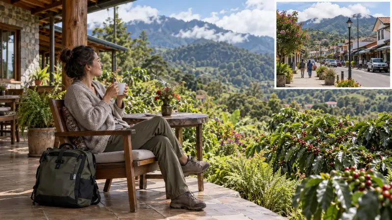 Traveler at a coffee-country lodge terrace, with a separate view of Bajo Boquete’s town center.