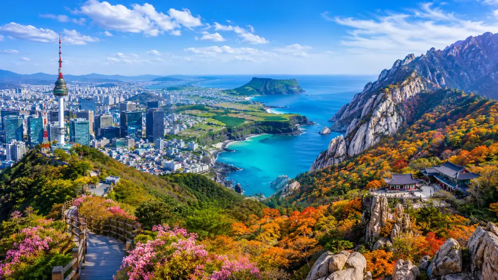 A scenic view blending Seoul's modern skyline, Jeju Island's tropical coast, and Seoraksan's rocky mountains.