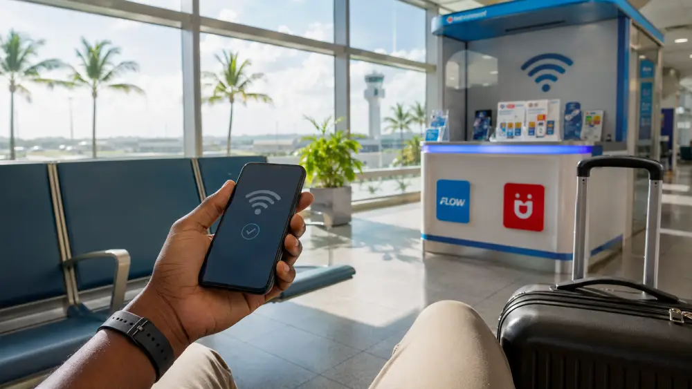 Airport arrival scene in Barbados showing WiFi access, SIM card options, luggage, and a smartphone.