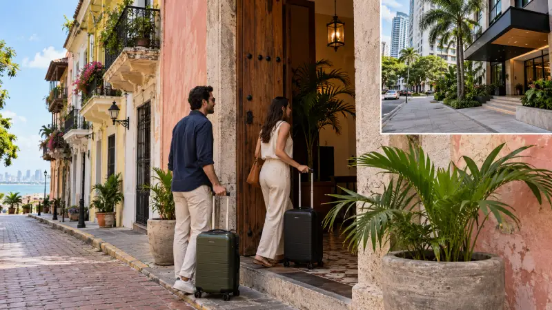 Travelers arriving at a Casco Viejo hotel, with a separate view of contemporary accommodation in El Cangrejo.
