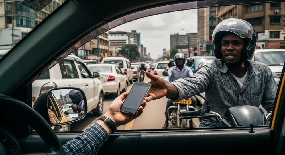 一张戏剧性的照片,展示了在内罗毕交通中摩托车手抢夺手机的风险。