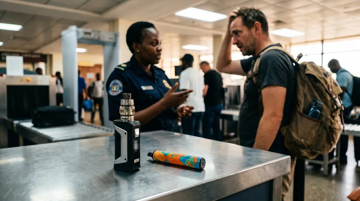 A high-tech vape pen lying confiscated on a metal airport security desk with an officer and traveler in the blurred background.