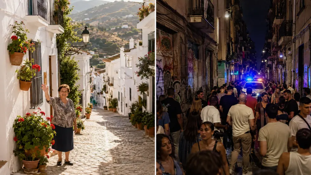 A split photo comparing a tranquil, safe village street in Andalusia with a bustling, high-alert urban neighborhood in Barcelona at night.