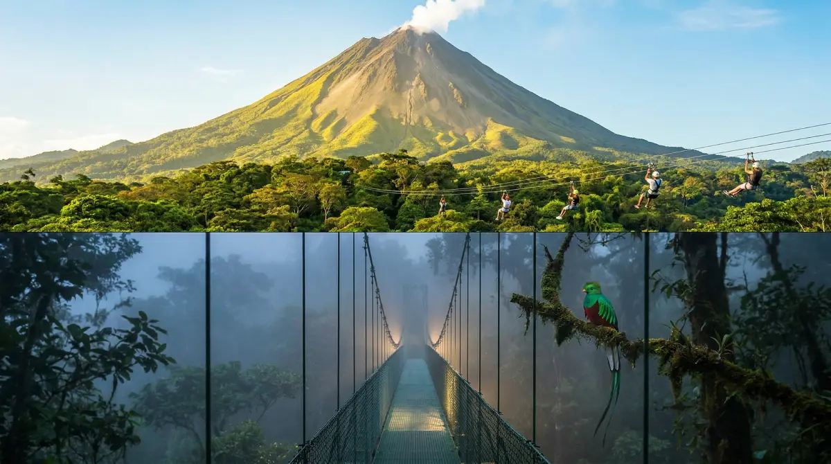 Una imagen dividida que contrasta el activo Volcán Arenal y la aventura en La Fortuna con los místicos puentes colgantes y el tranquilo bosque nuboso de Monteverde, Costa Rica.