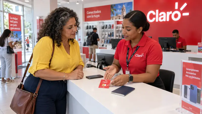 Traveler discusses a prepaid SIM purchase with an employee at a representative Claro store in the Dominican Republic.